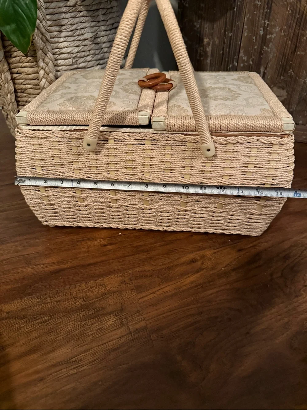 Vintage Woven Wicker Sewing Basket With Dual/Hinged Lid And Cream Tapestry Top